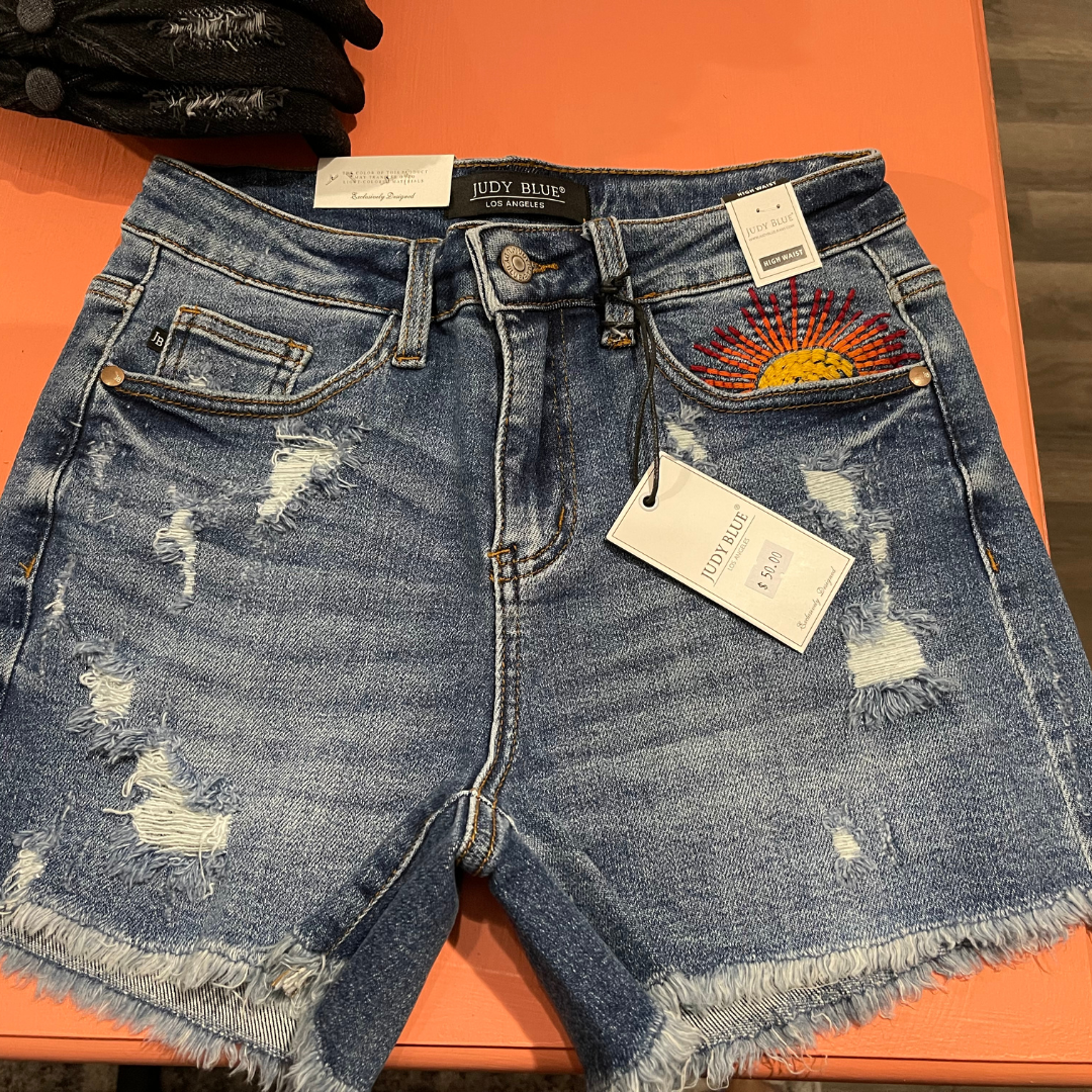 Judy Blue Embroidered Sunshine Fringe Shorts