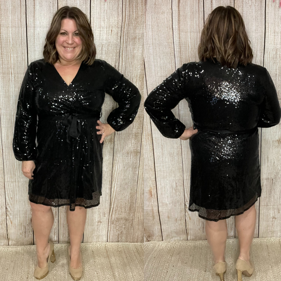Black Sequin Wrap Dress