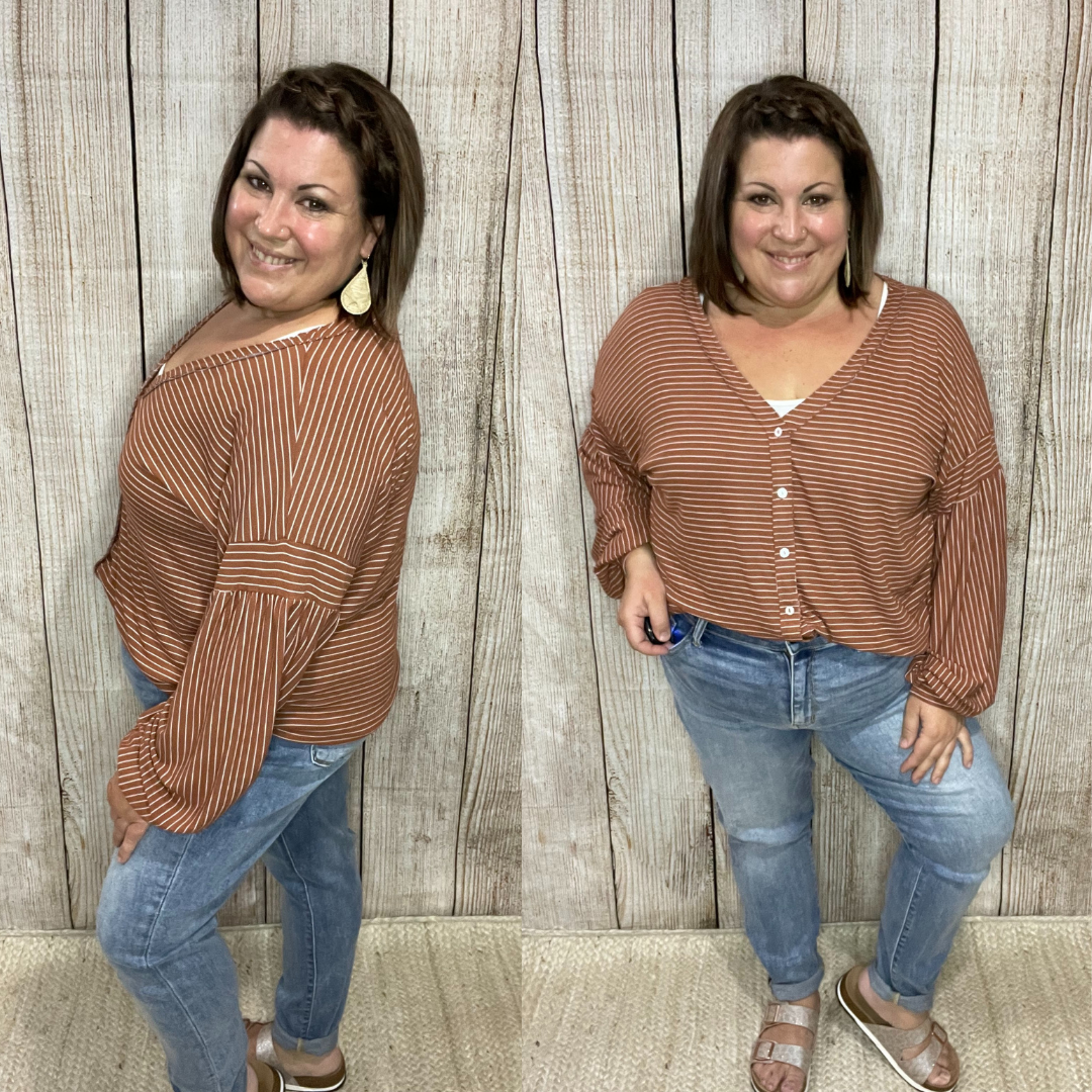 Puff Sleeve Stripe Button Down