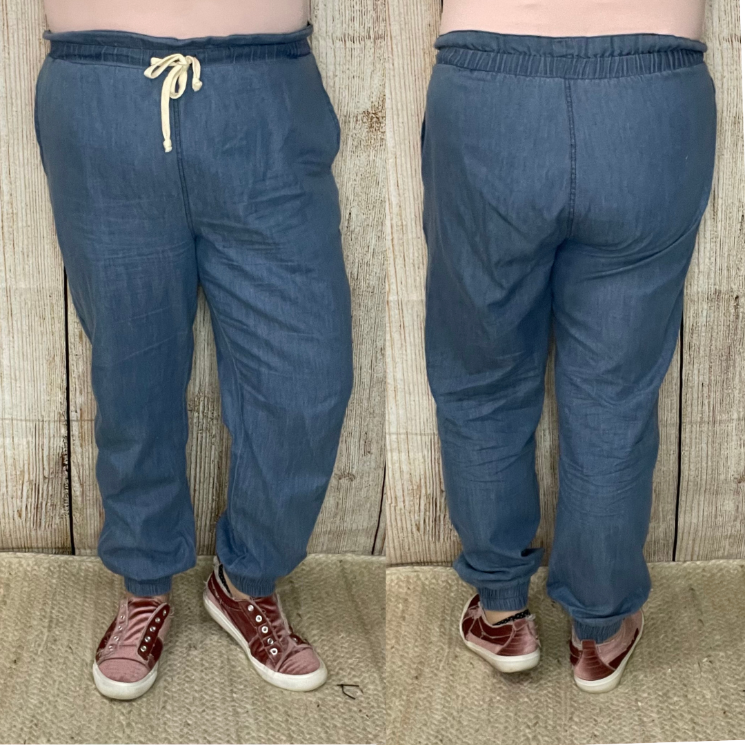 Washed Denim Joggers with Drawstring