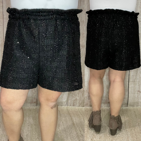 Sequin Twill High Waist Paperbag shorts