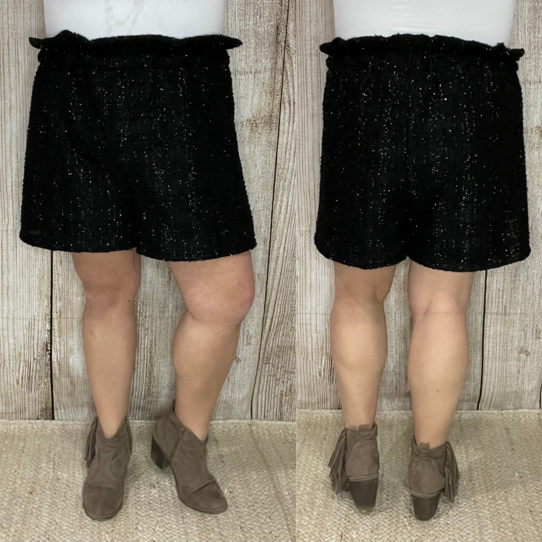 Sequin Twill High Waist Paperbag shorts