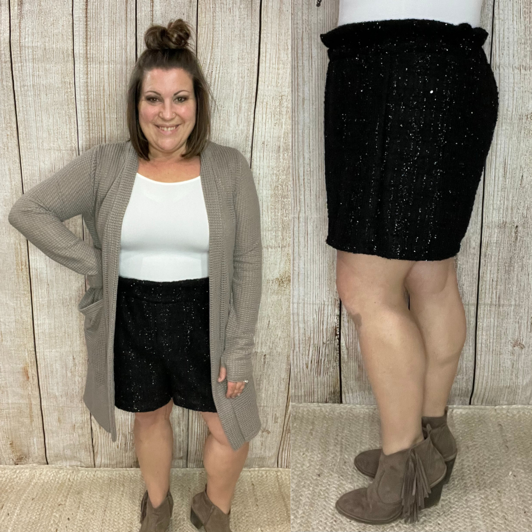 Sequin Twill High Waist Paperbag shorts