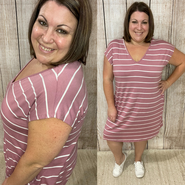 Mauve Striped V-Neck Dress