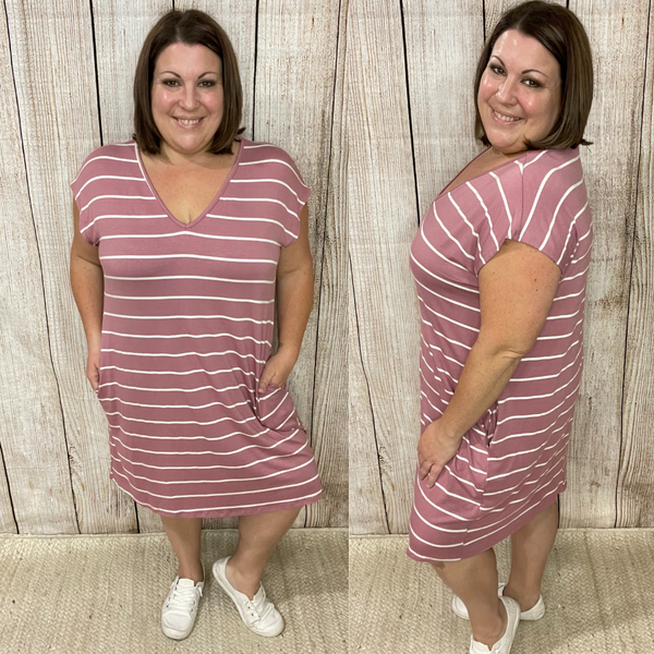 Mauve Striped V-Neck Dress