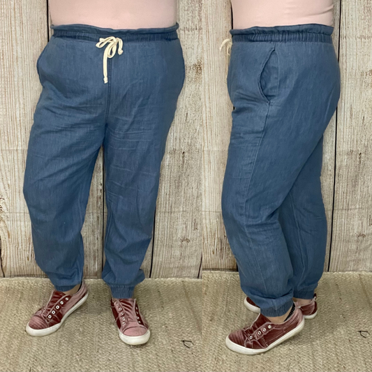 Washed Denim Joggers with Drawstring